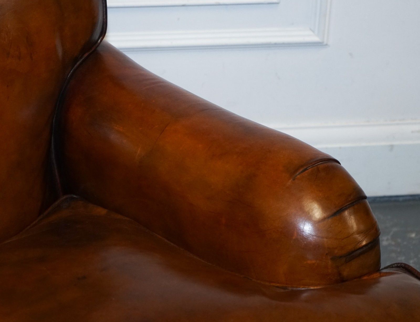 photo for sale Large Pair Howard Style Hand Dyed Leather Armchairs Feather Filled Cushions