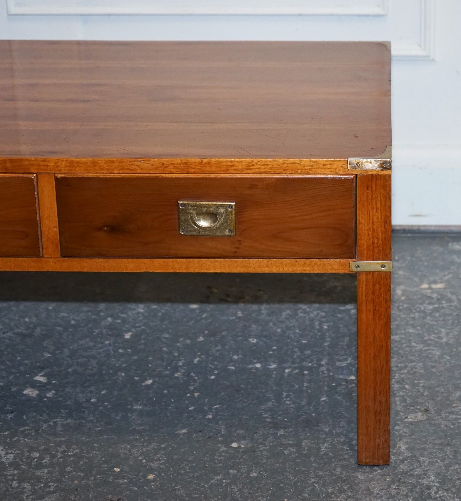 Vintage Yew Wood Brass Military Campaign 3 Drawer Coffee Table photo vinterior