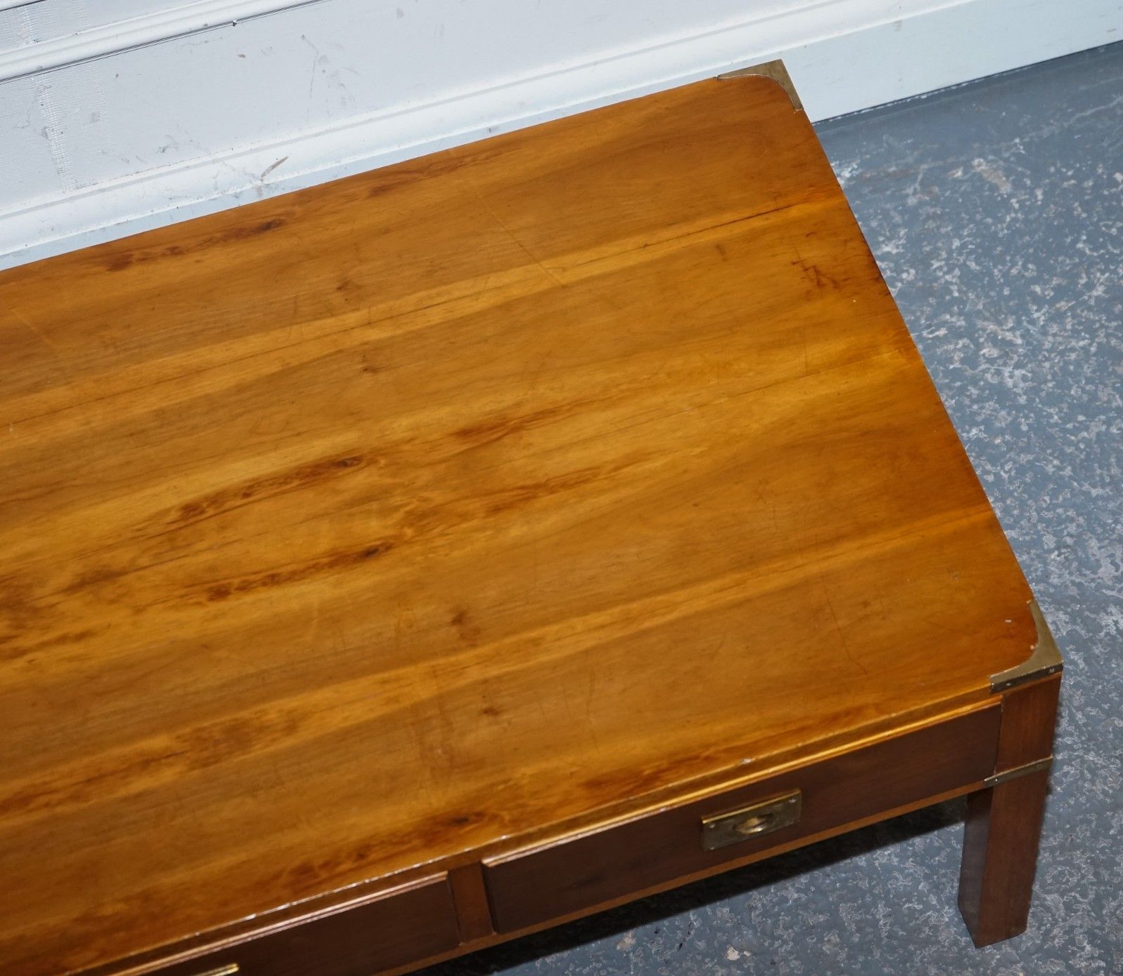 photo for sale Vintage Yew Wood Brass Military Campaign 3 Drawer Coffee Table