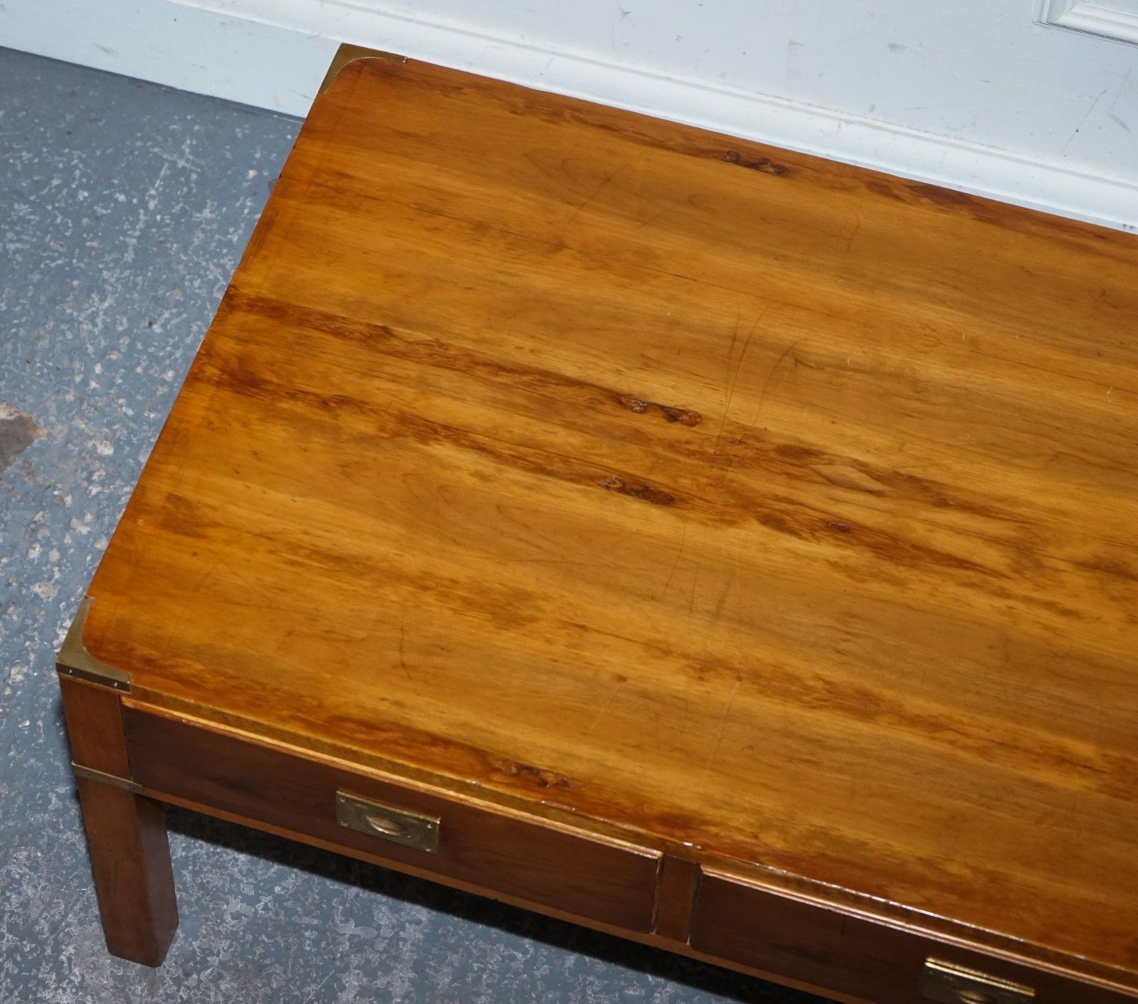Furniture Vintage Yew Wood Brass Military Campaign 3 Drawer Coffee Table photo