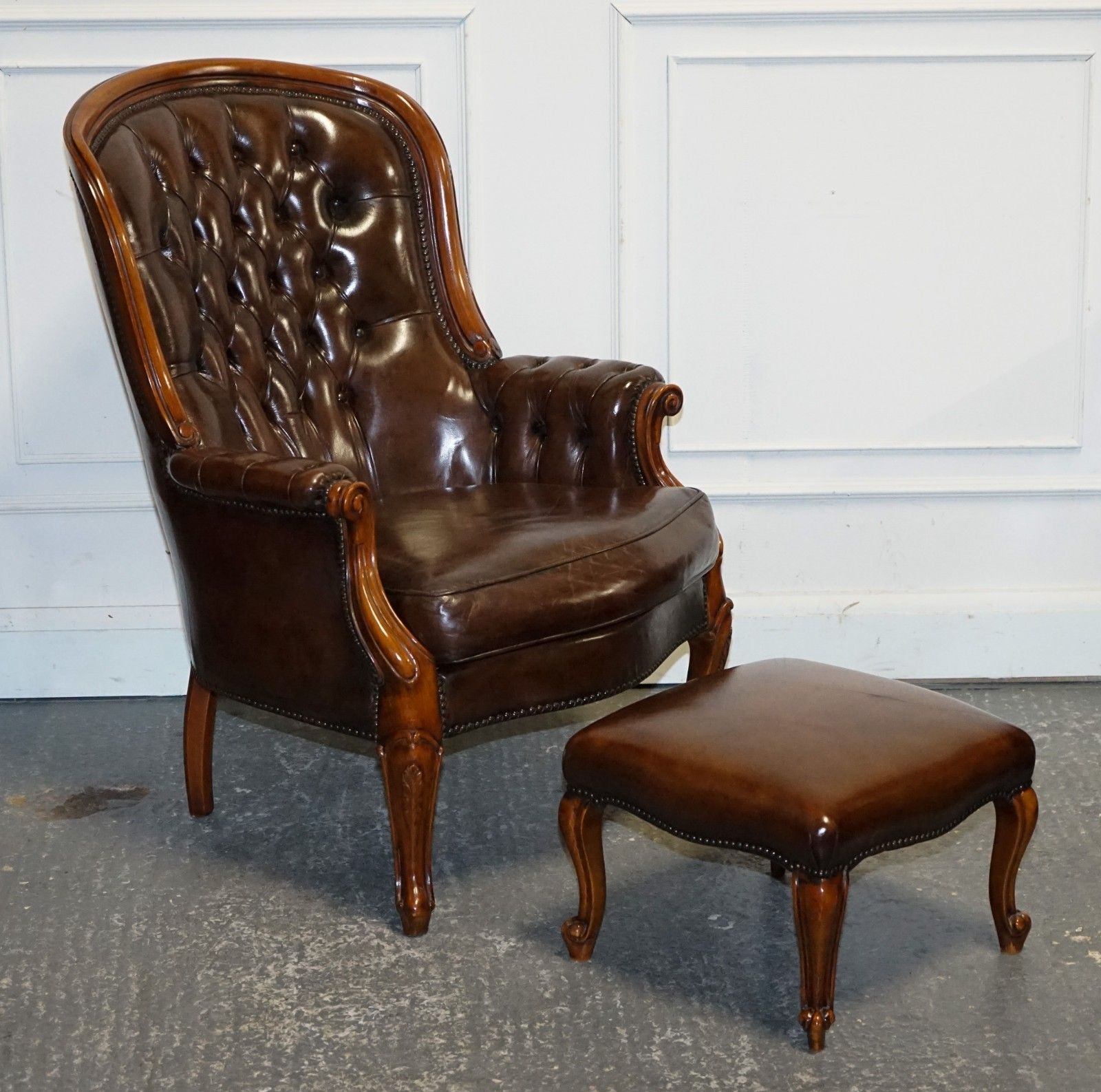 Antique Show Framed Victorian Chesterfield Dyed Leather Armchair & Footstool photo furniture