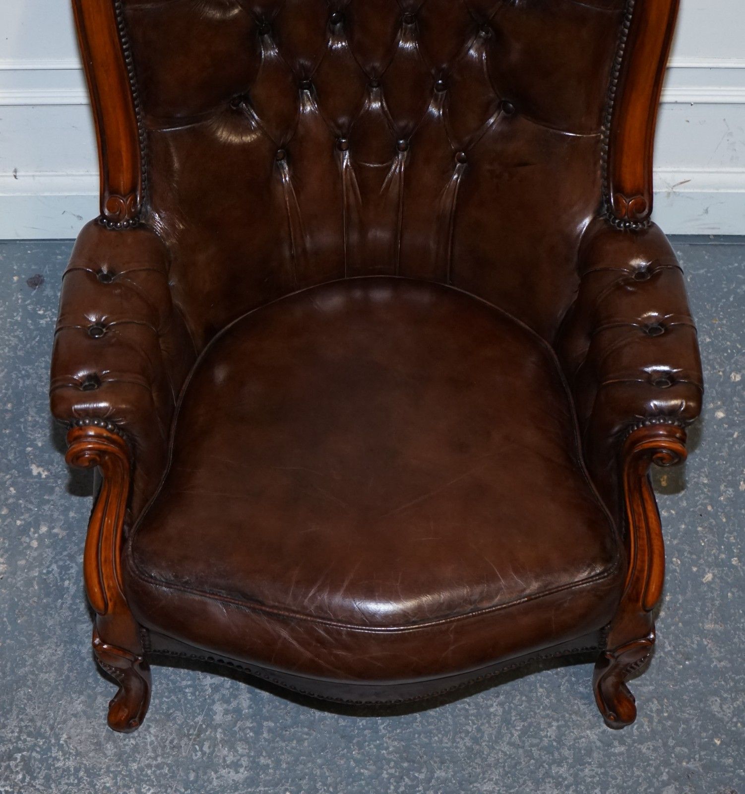 2750.0 Antique Show Framed Victorian Chesterfield Dyed Leather Armchair & Footstool photo