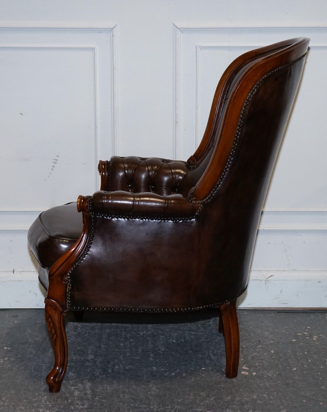 photo buy Antique Show Framed Victorian Chesterfield Dyed Leather Armchair & Footstool