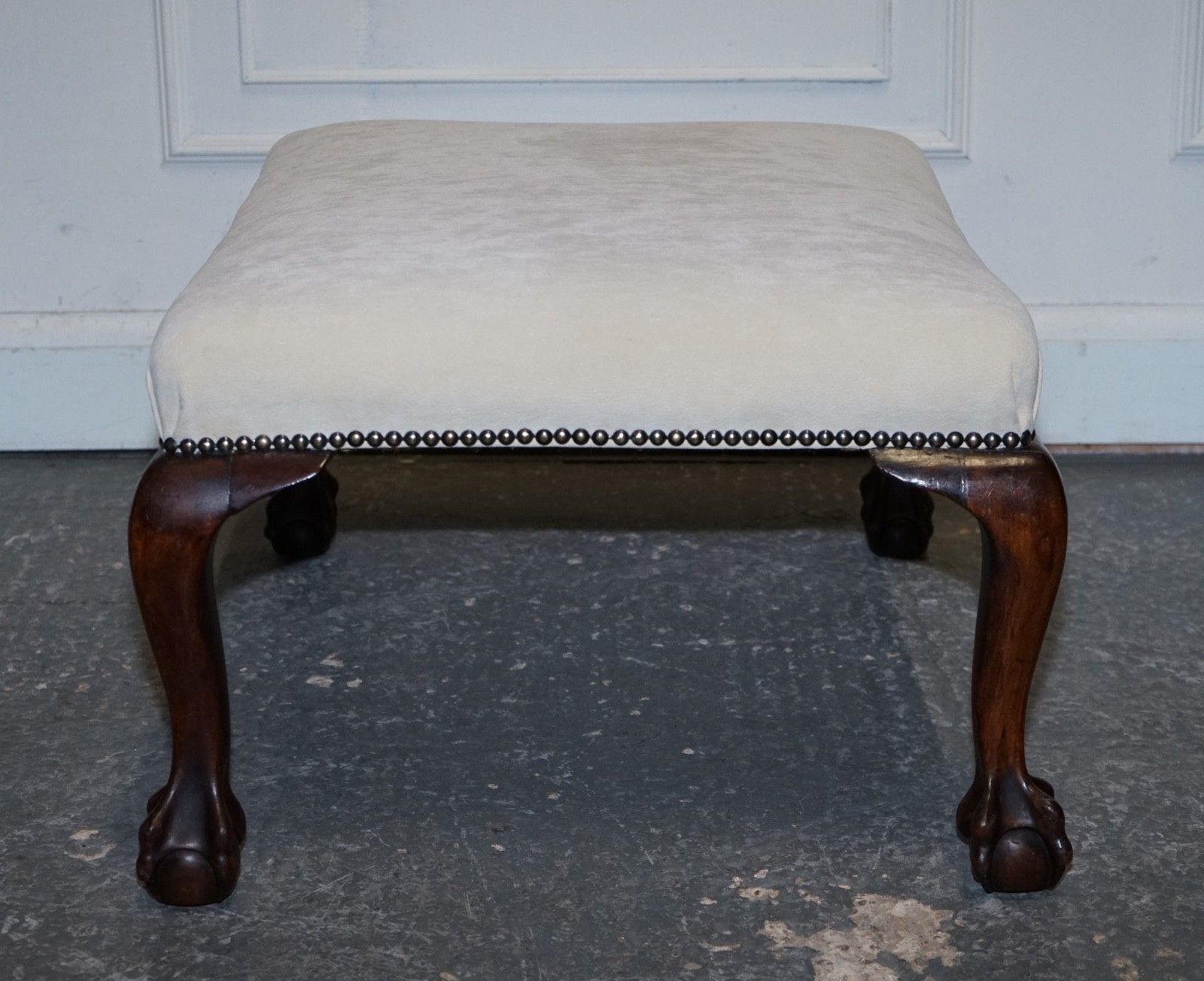 photo for sale Antique Early Victorian Claw And Ball Feet Footstool With White Suede Top