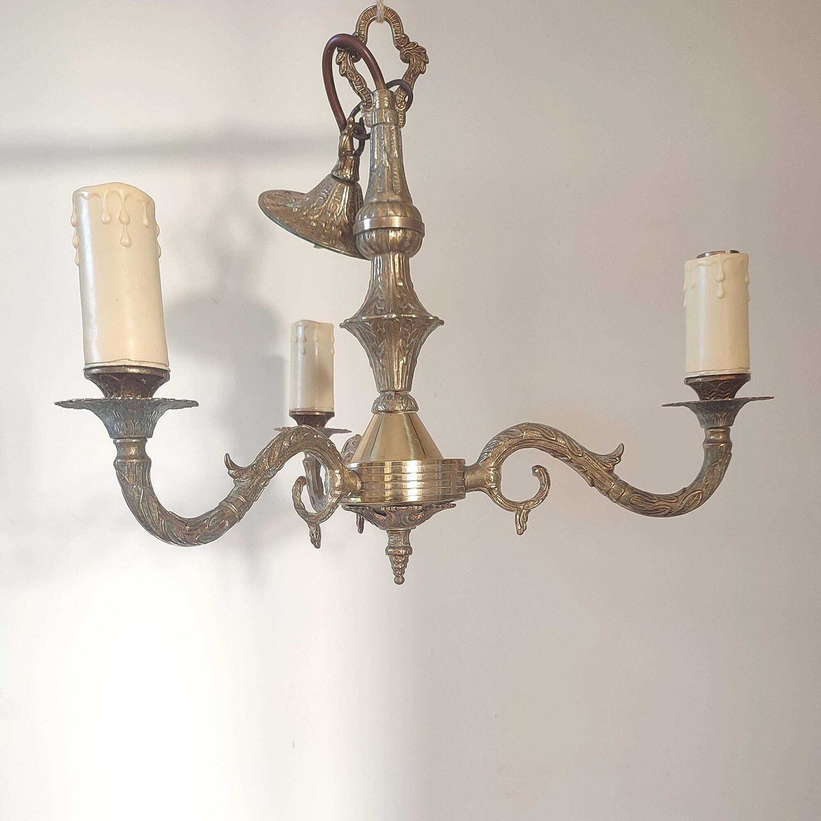 Antique Brass Three Arm Chandelier – Ornate Rococo Revival Ceiling Light (C.1900) photo furniture
