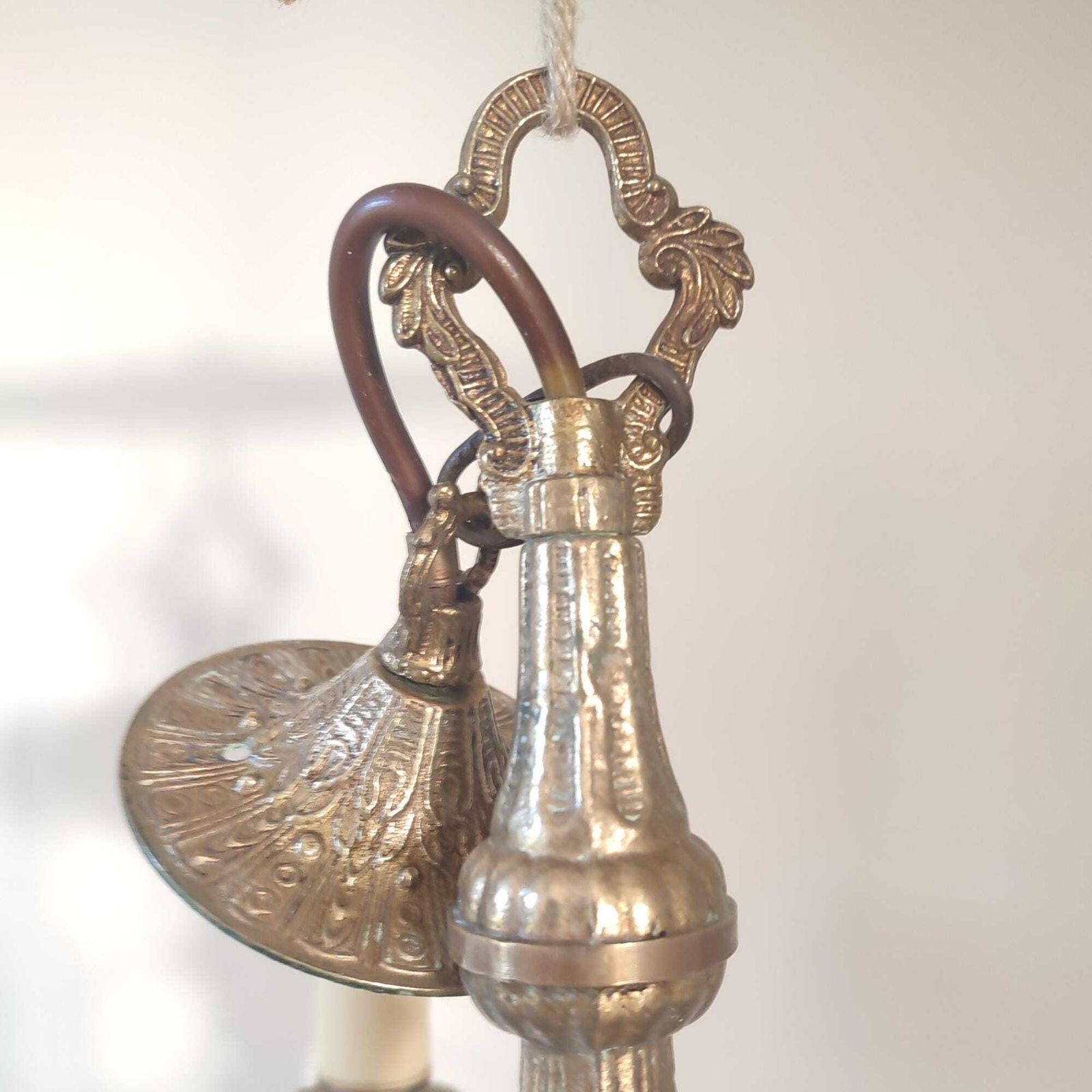 Antique Brass Three Arm Chandelier – Ornate Rococo Revival Ceiling Light (C.1900) photo 370.0
