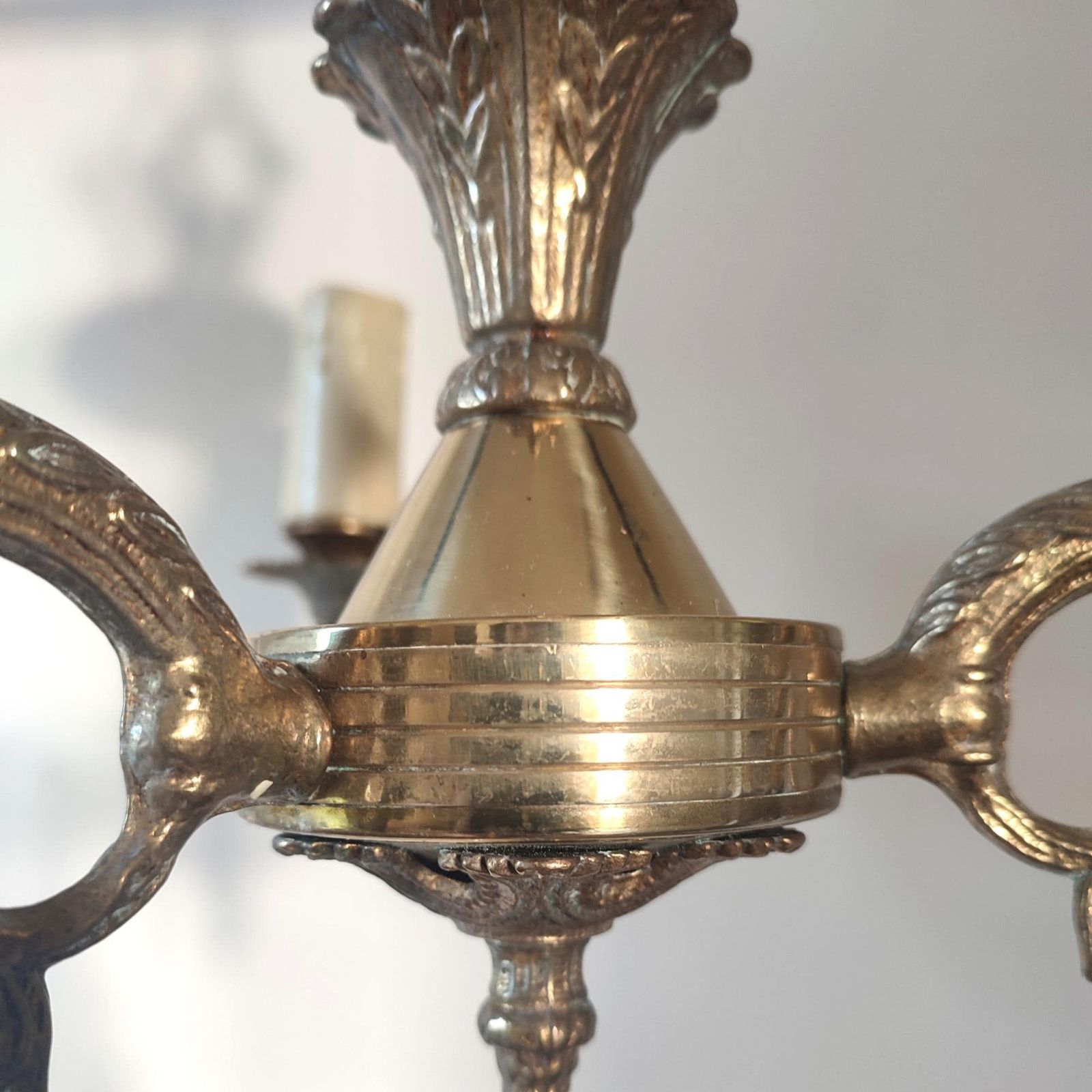 Antique Brass Three Arm Chandelier – Ornate Rococo Revival Ceiling Light (C.1900) photo buy