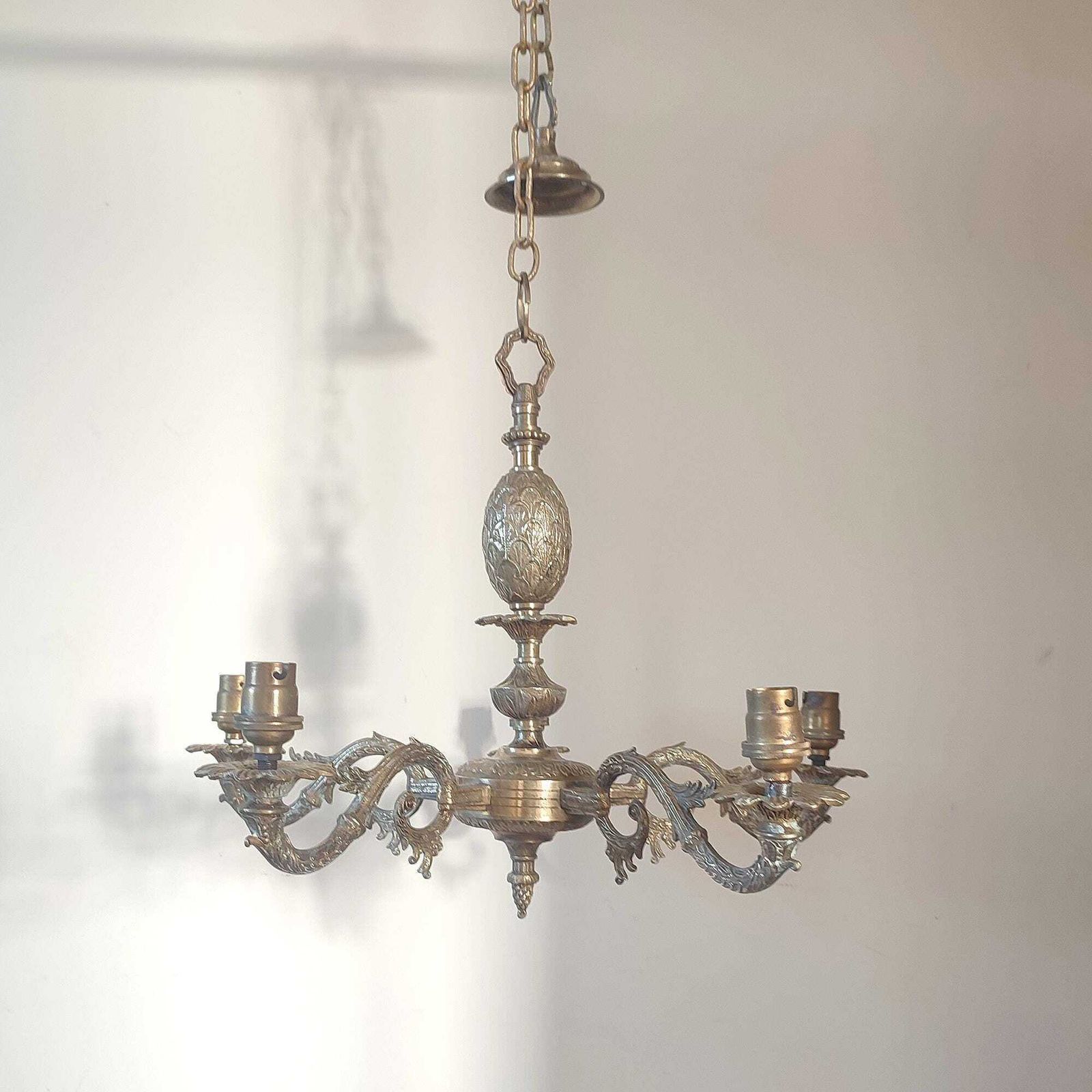 Antique Brass Five Arm Chandelier – Ornate Rococo Revival Ceiling Light (C.1900) photo furniture