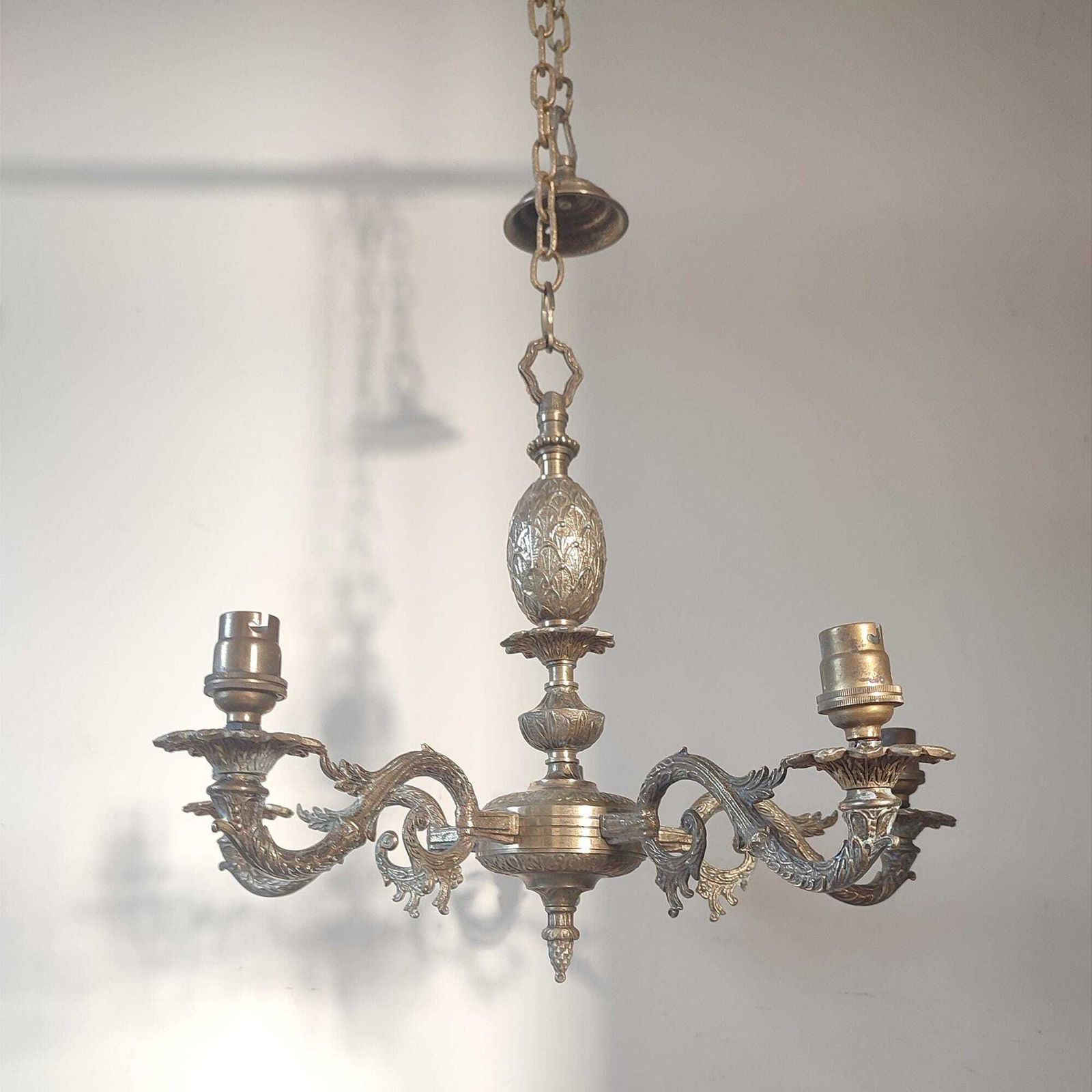Antique Brass Five Arm Chandelier – Ornate Rococo Revival Ceiling Light (C.1900) photo for sale