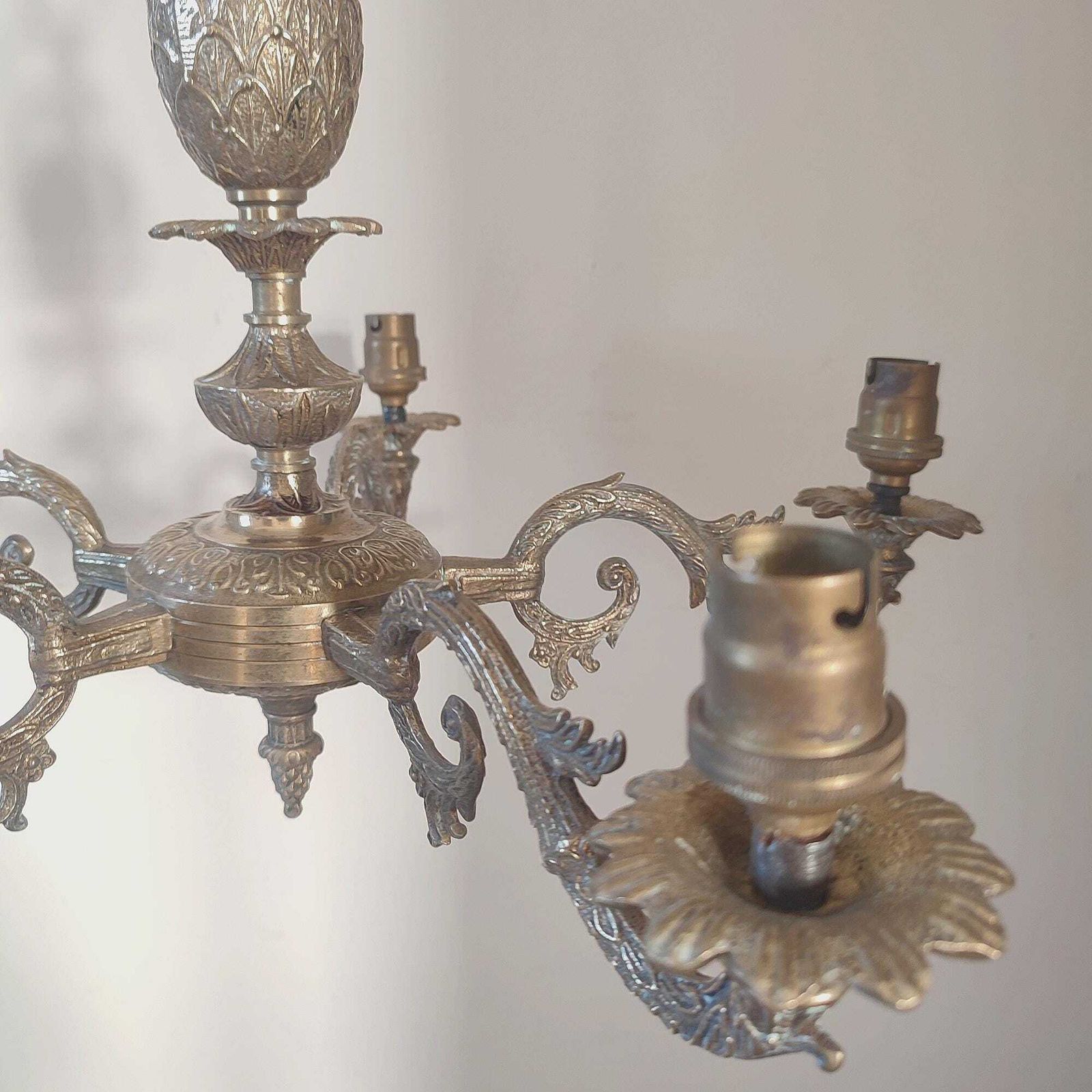 Antique Brass Five Arm Chandelier – Ornate Rococo Revival Ceiling Light (C.1900) photo vintage