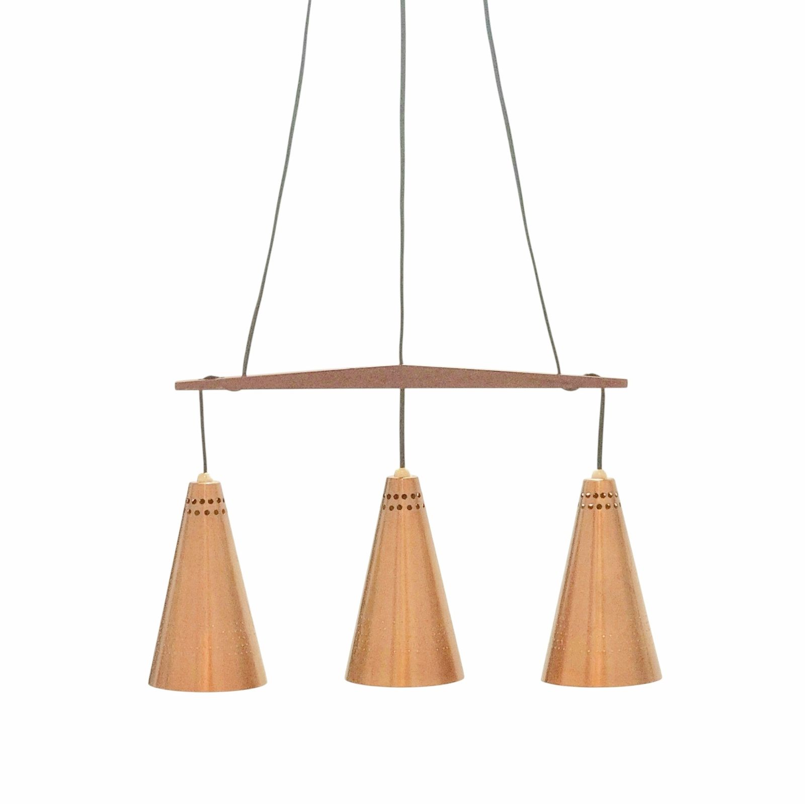 Mid Century Scandinavian Copper & Teak Triple Pendant By Hans Agne Jakobsson, Sweden, 1950s
