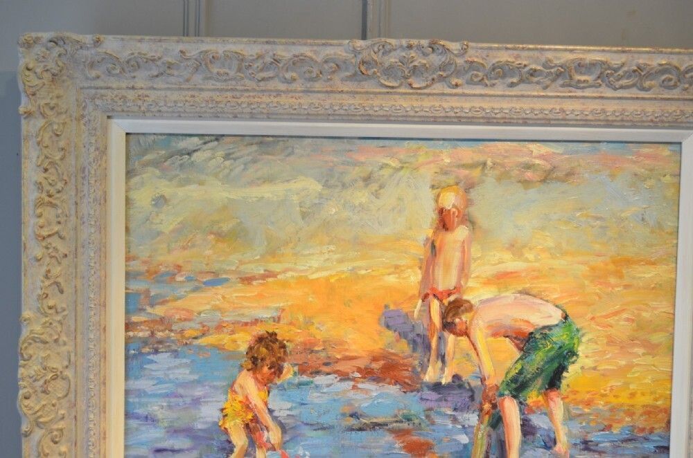 Beautiful Oil On Canvas. Children Playing On The Beach By Jeffrey Pratt B.1940 photo 5250.0