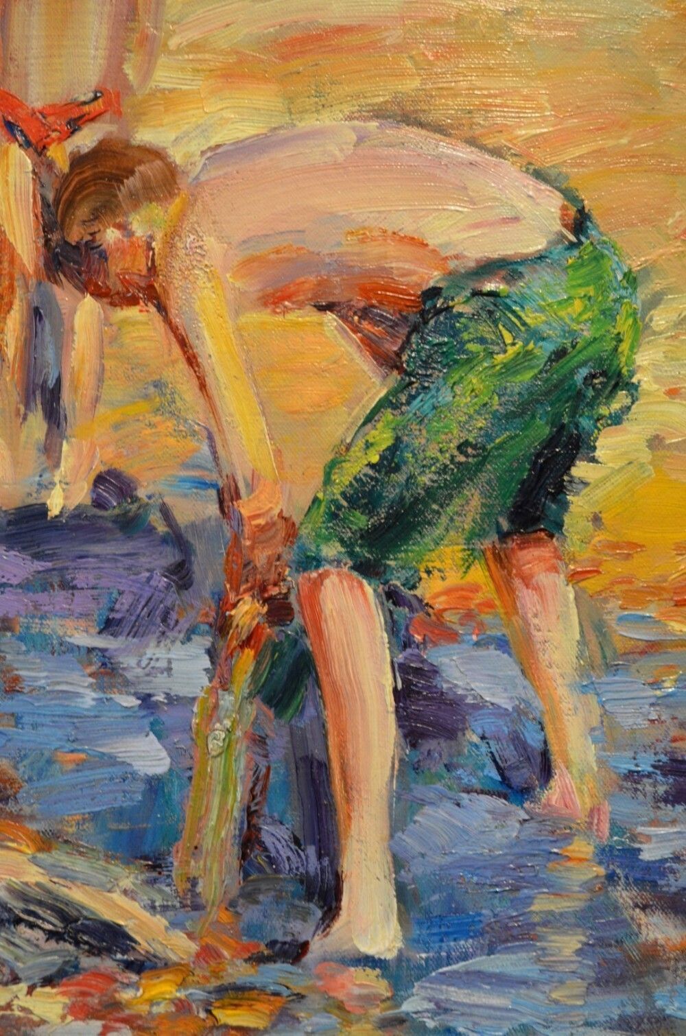 Art Beautiful Oil On Canvas. Children Playing On The Beach By Jeffrey Pratt B.1940 photo