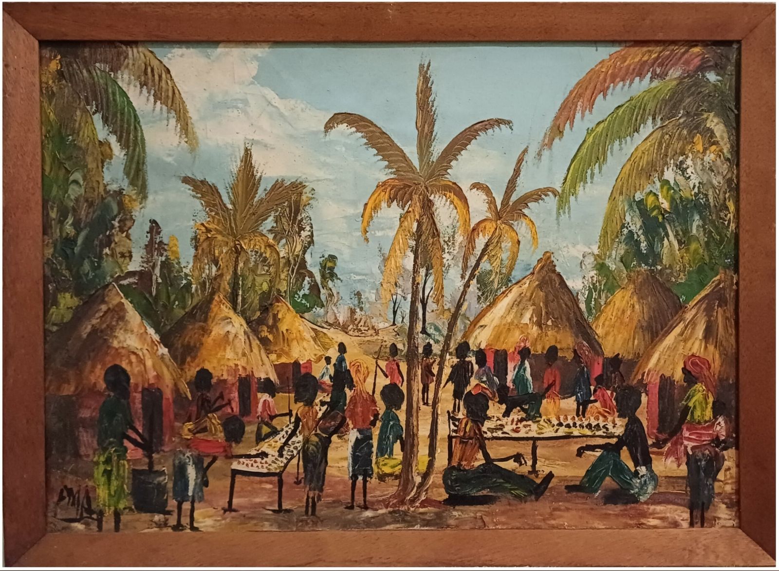 Oil On Canvas Of An African Village Scene   Indistinctly Signed Dma