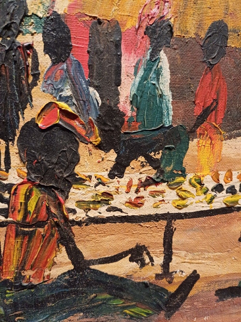Oil On Canvas Of An African Village Scene   Indistinctly Signed Dma photo vinterior