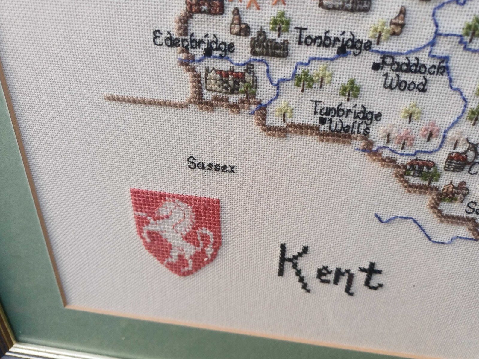 Vintage Embroidered Map Of Kent, Framed Needlework County Map, Handmade Textile Wall Art photo Art