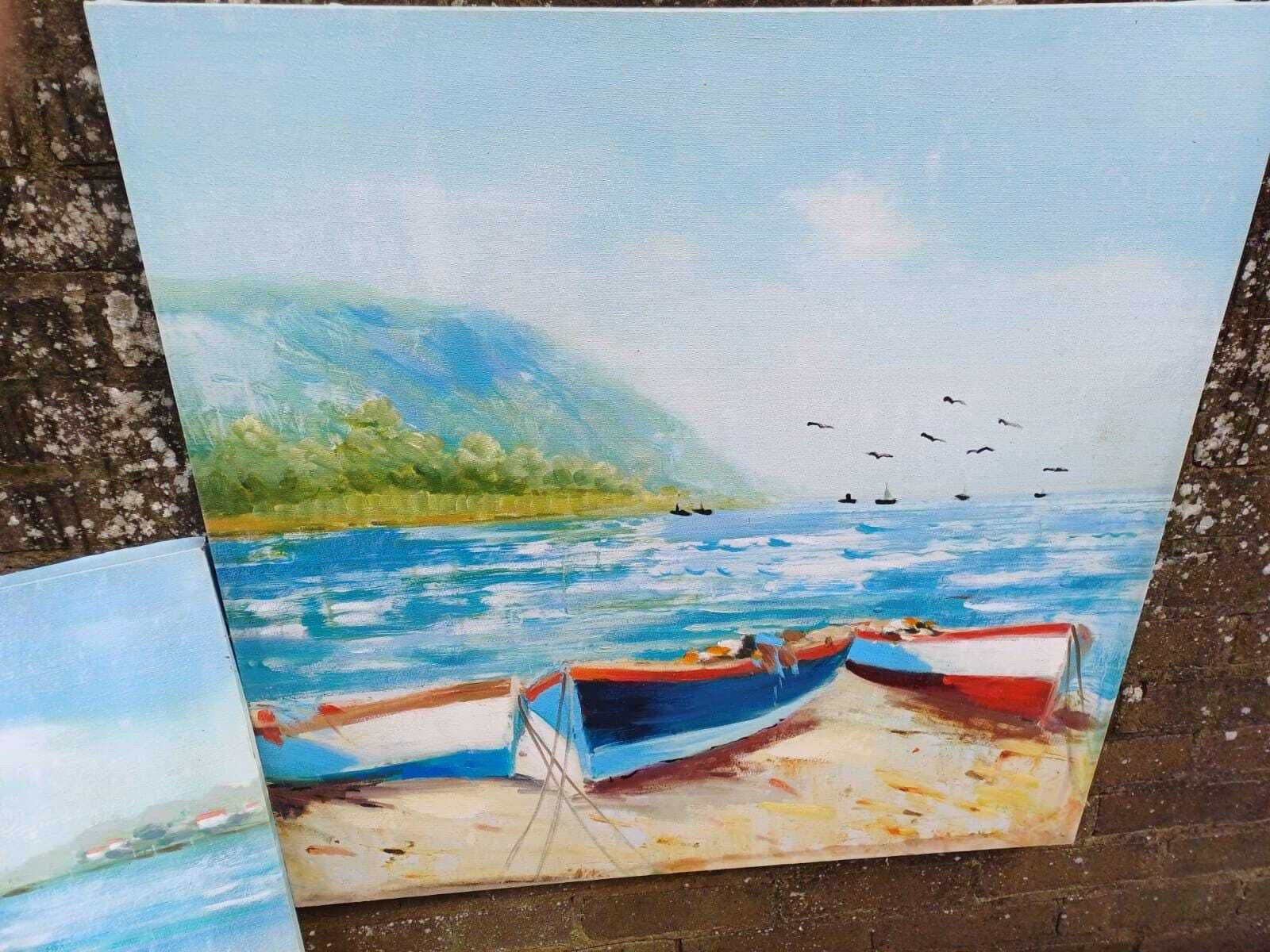 Two Large Vintage Coastal Boat Paintings On Canvas, Seascape Art Pair, Beach Harbour Wall Decor (80cm X 80cm) photo for sale