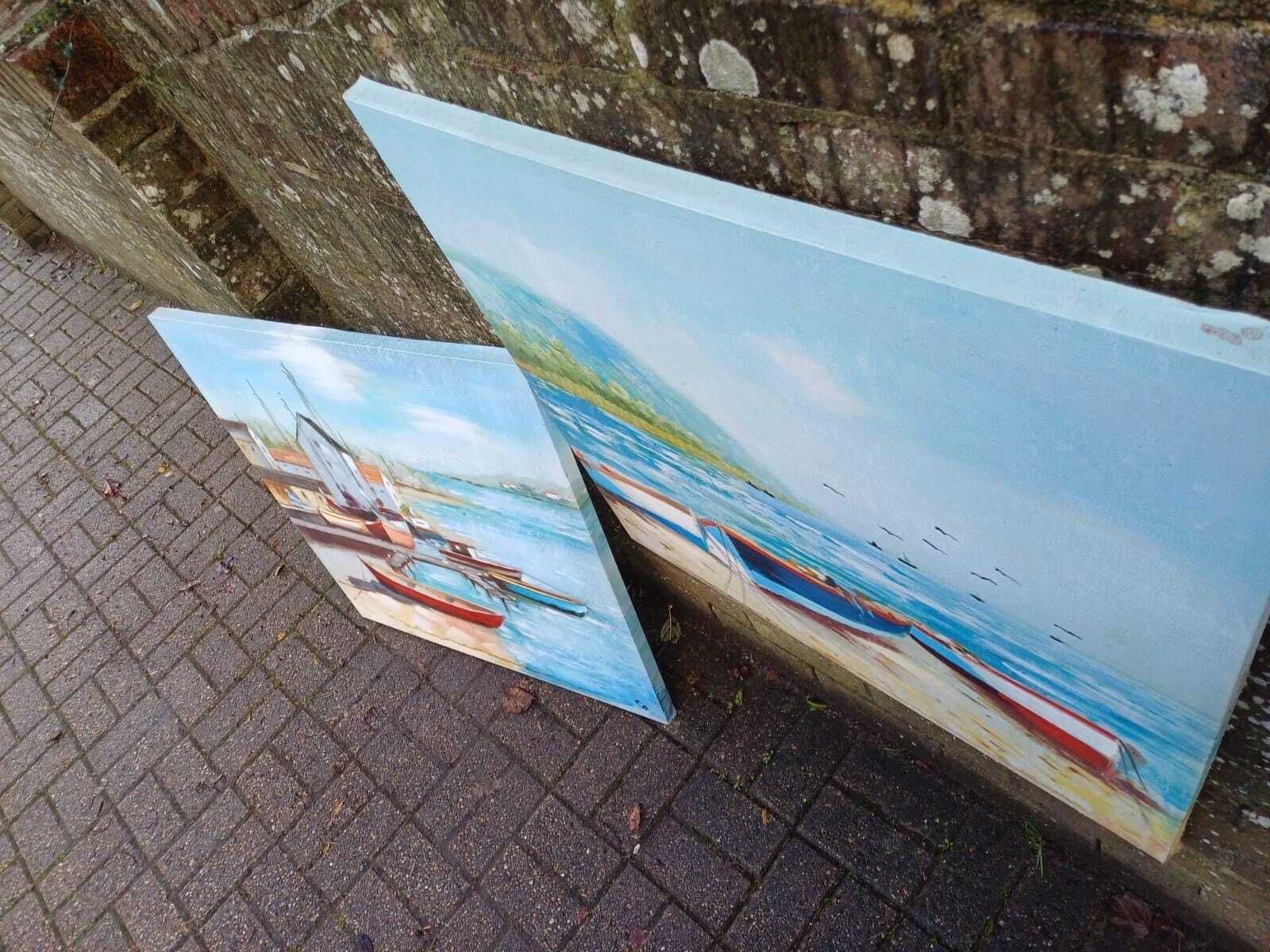 photo furniture Two Large Vintage Coastal Boat Paintings On Canvas, Seascape Art Pair, Beach Harbour Wall Decor (80cm X 80cm)