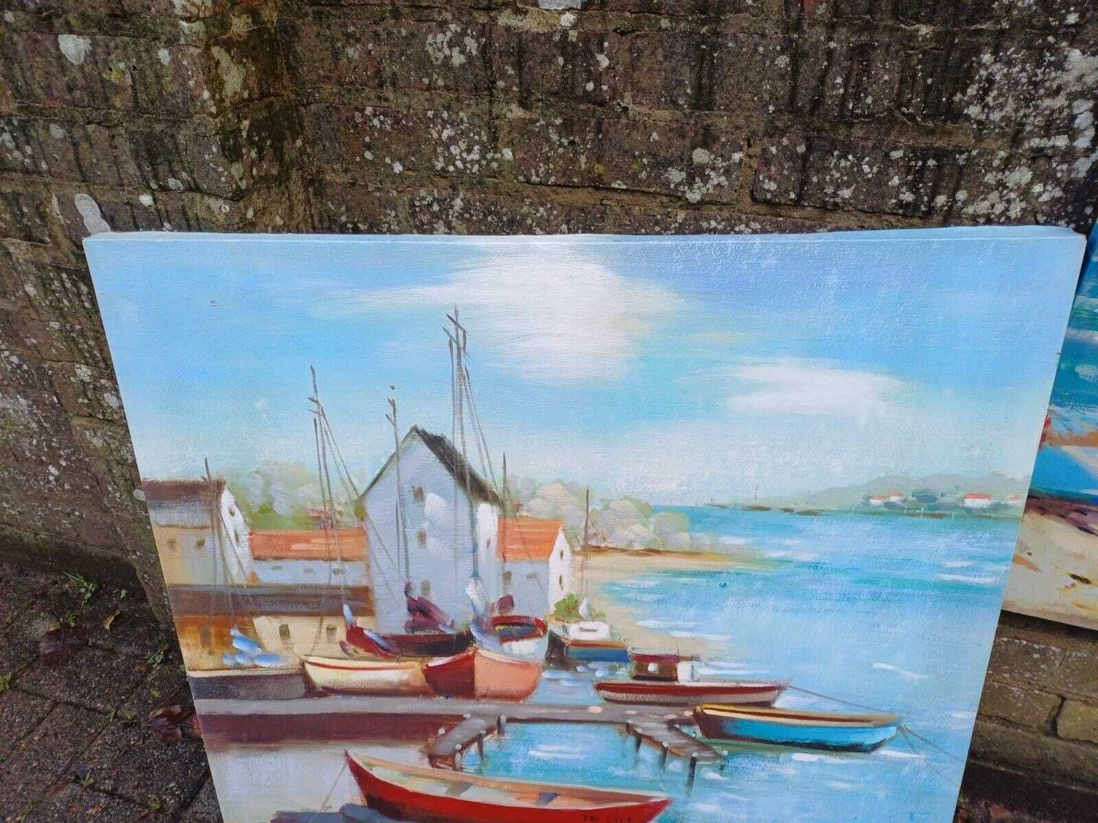 photo vinterior Two Large Vintage Coastal Boat Paintings On Canvas, Seascape Art Pair, Beach Harbour Wall Decor (80cm X 80cm)