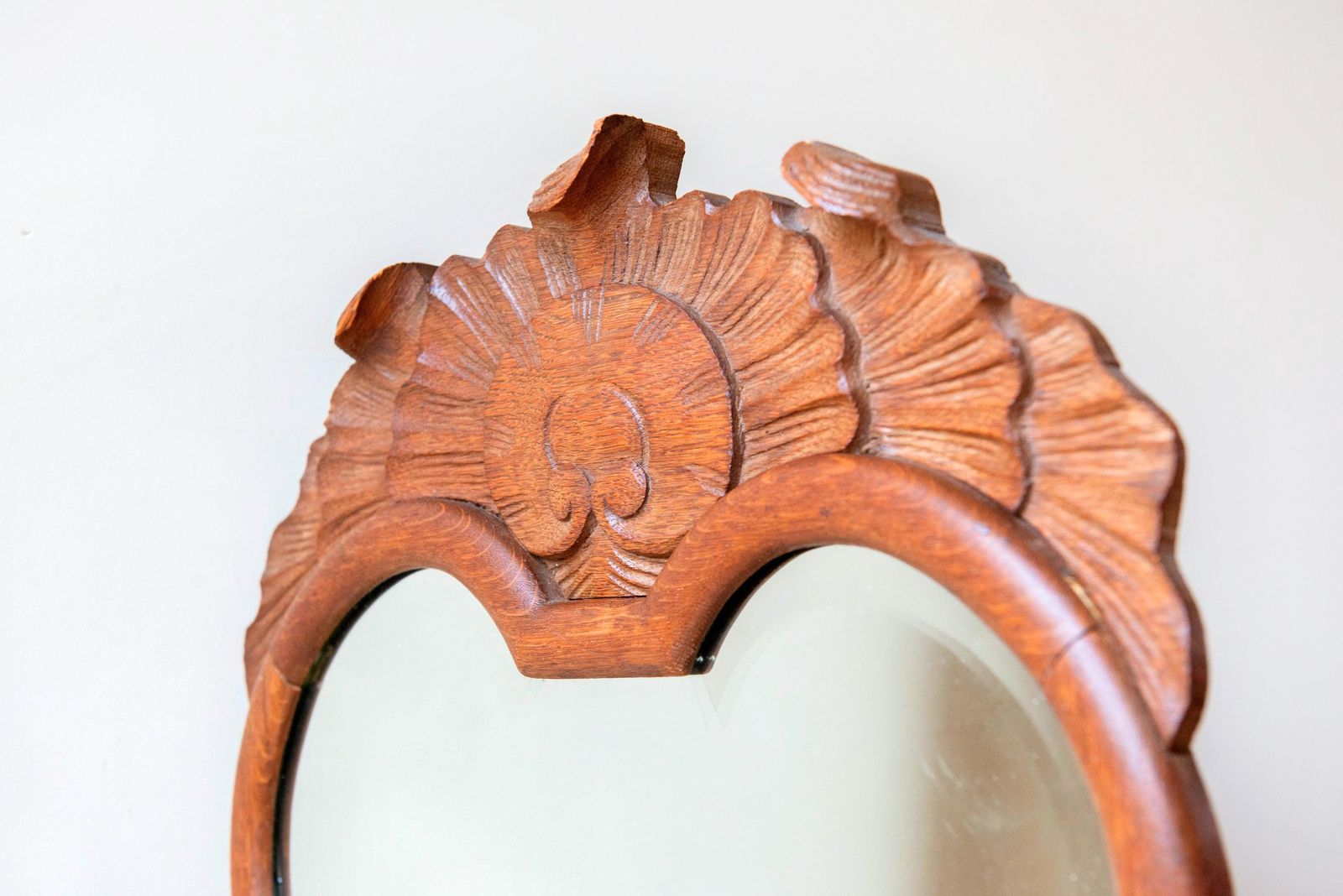 Antique Carved Oak Wall Mirror – Shell Pediment – Large Dark Brown Wooden Mirror – Beveled Glass photo Home Decor