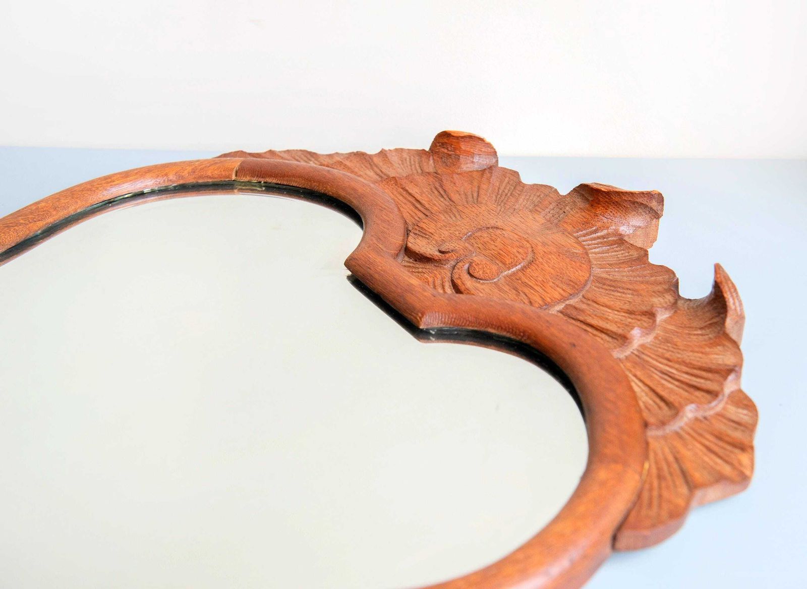 photo for sale Antique Carved Oak Wall Mirror – Shell Pediment – Large Dark Brown Wooden Mirror – Beveled Glass