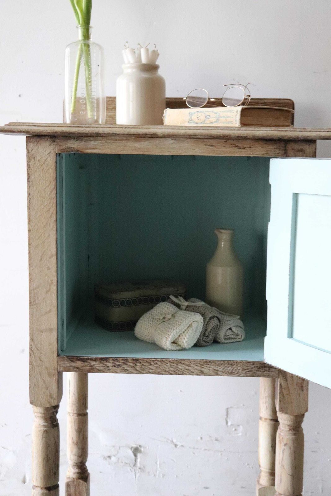 photo furniture Stripped French Oak Washstand Or Bedside Cabinet With Duck Egg Interior