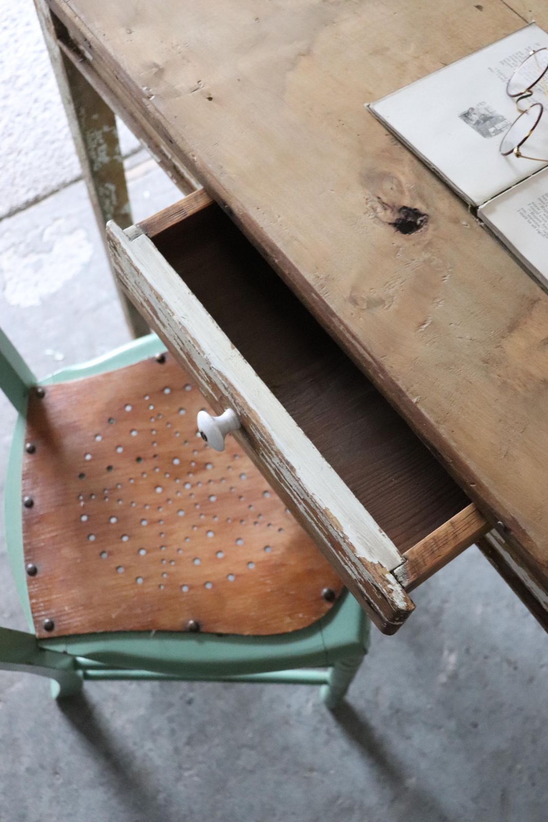 Original French Pine Kitchen Table Or Desk With White Painted And Distressed Finish photo vintage