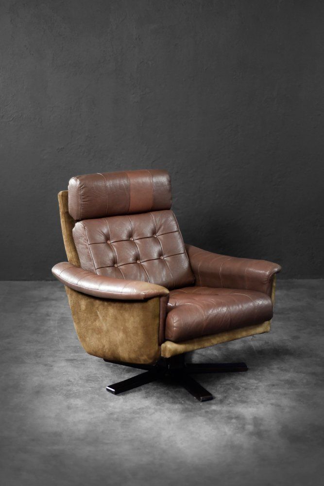 Mid Century Danish Modern Brown Leather Swivel Armchair From Lystager Industri, 1970s