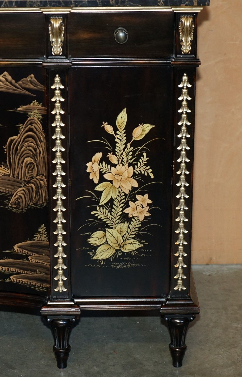 Stunning Large Marble Topped Chinese Chinoiserie Sideboard With Space For Fridge photo vinterior