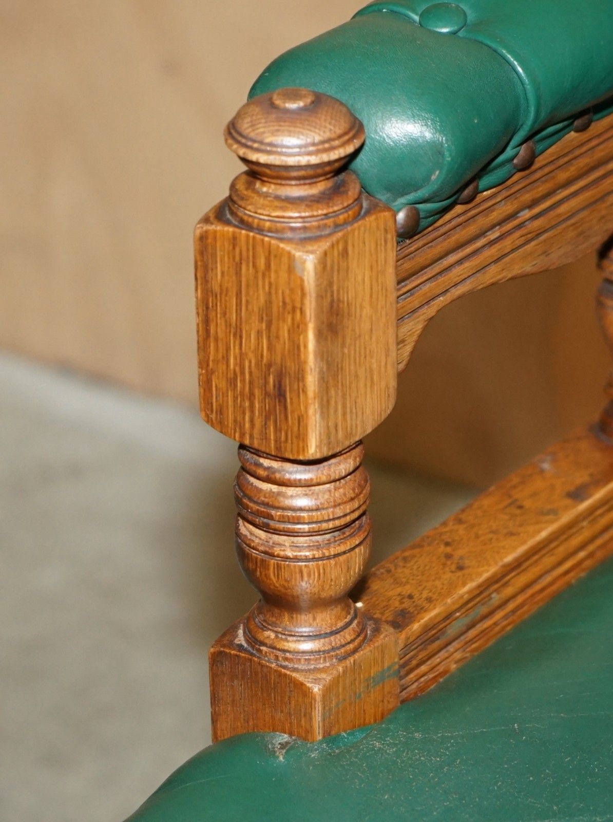 Pair Of Antique Victorian Hand Carved English Oak & Leather Library Armchairs photo buy