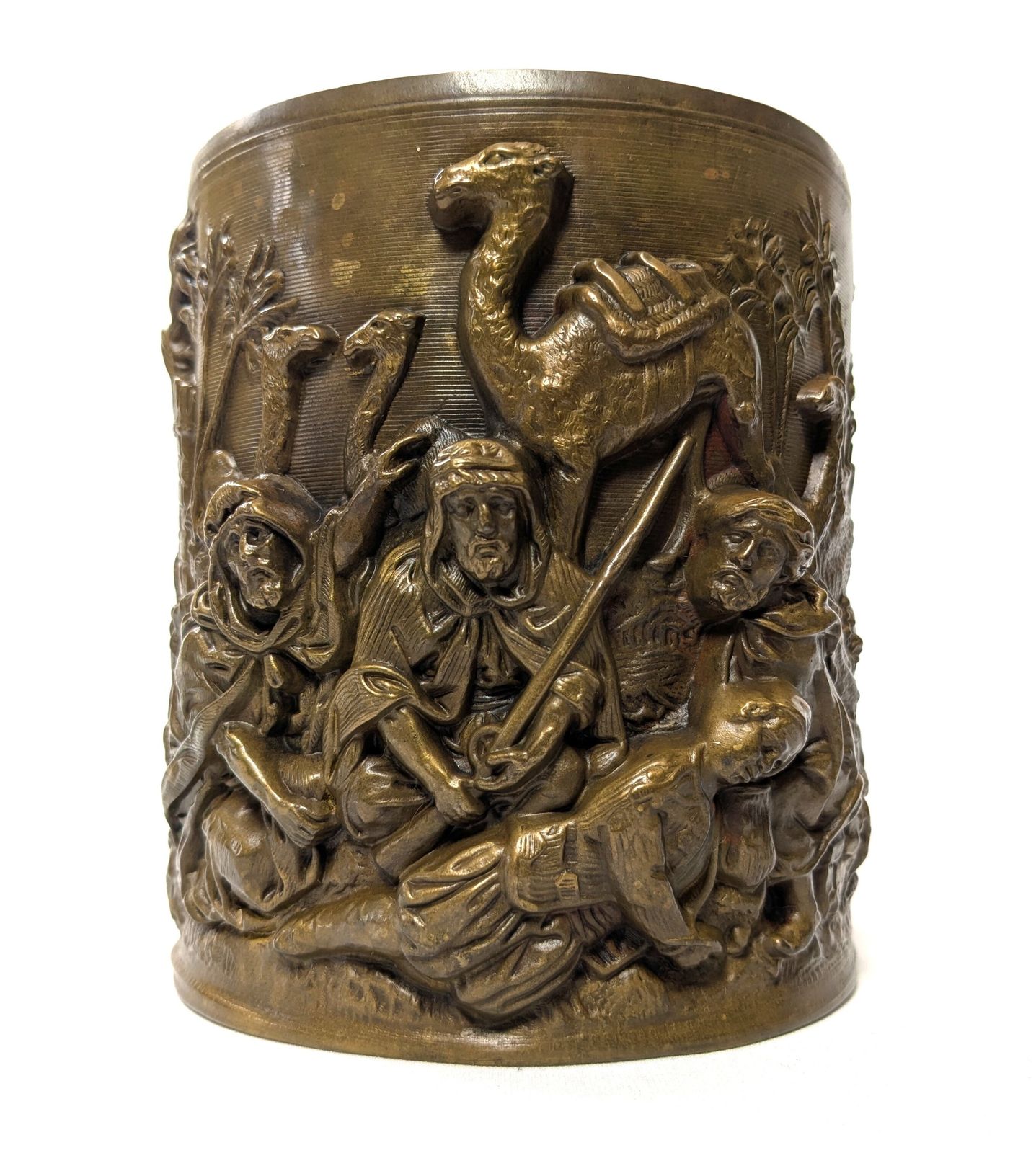 Antique Orientalist Brass Cylindrical Repousse Desert Scene In High Relief
