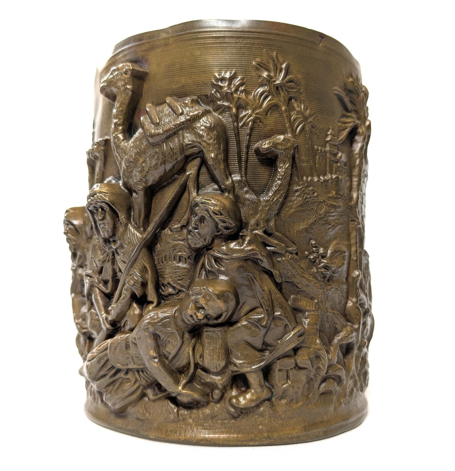 Antique Orientalist Brass Cylindrical Repousse Desert Scene In High Relief photo Home Decor