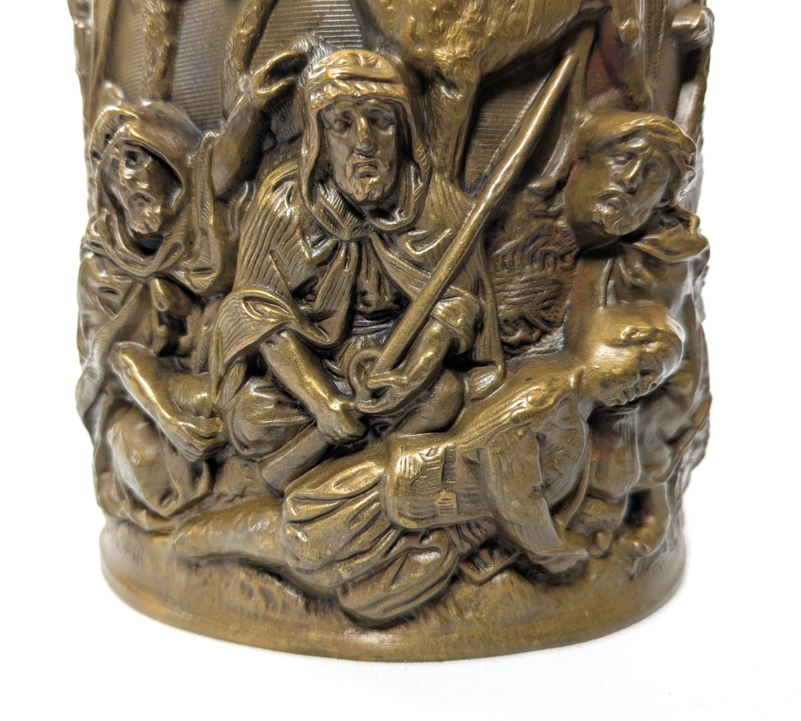 Antique Orientalist Brass Cylindrical Repousse Desert Scene In High Relief photo vinterior