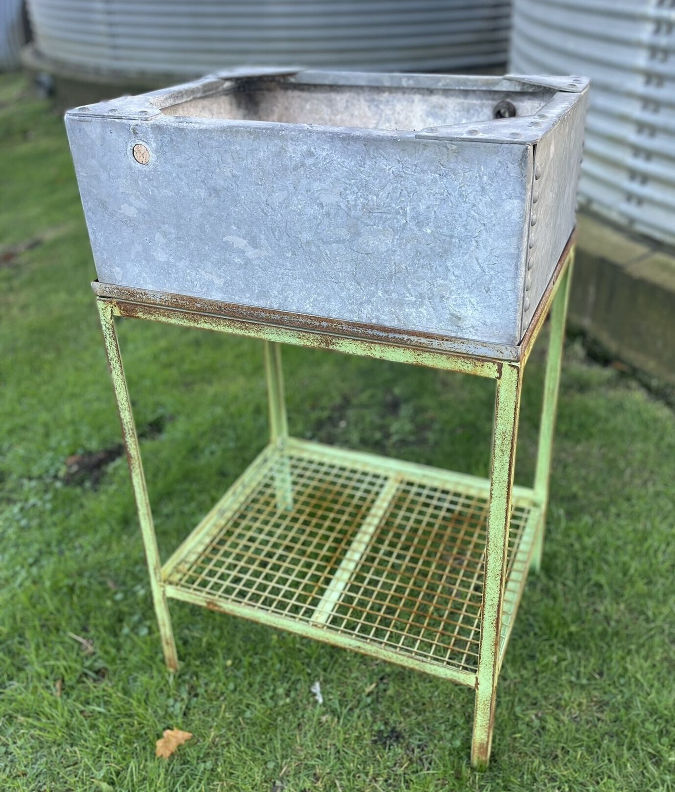 Vintage Galvanised Water Tank On Painted Metal Stand