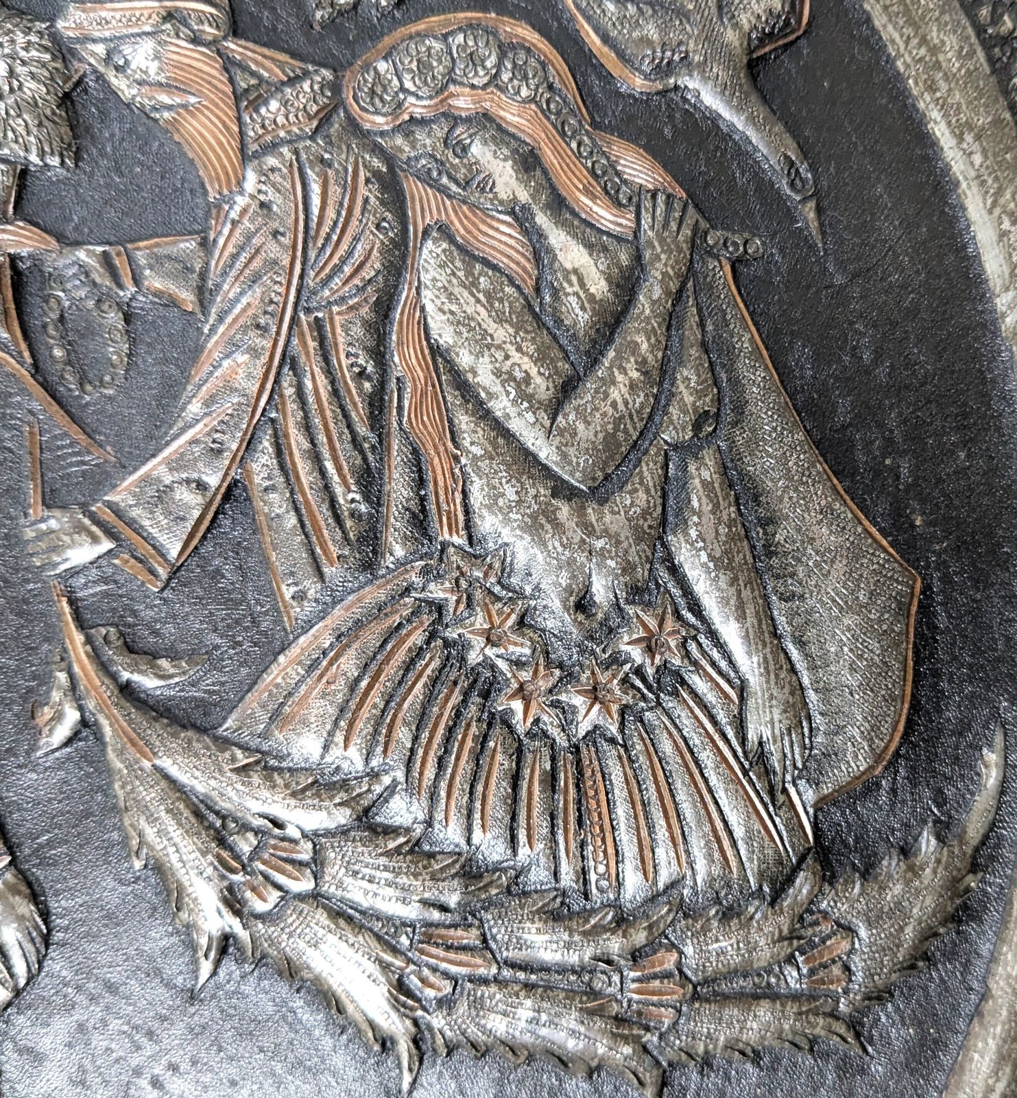 Antique Islamic Qajar Tinned Brass Charger With Intricate Hammered And Etched Scenery photo Art