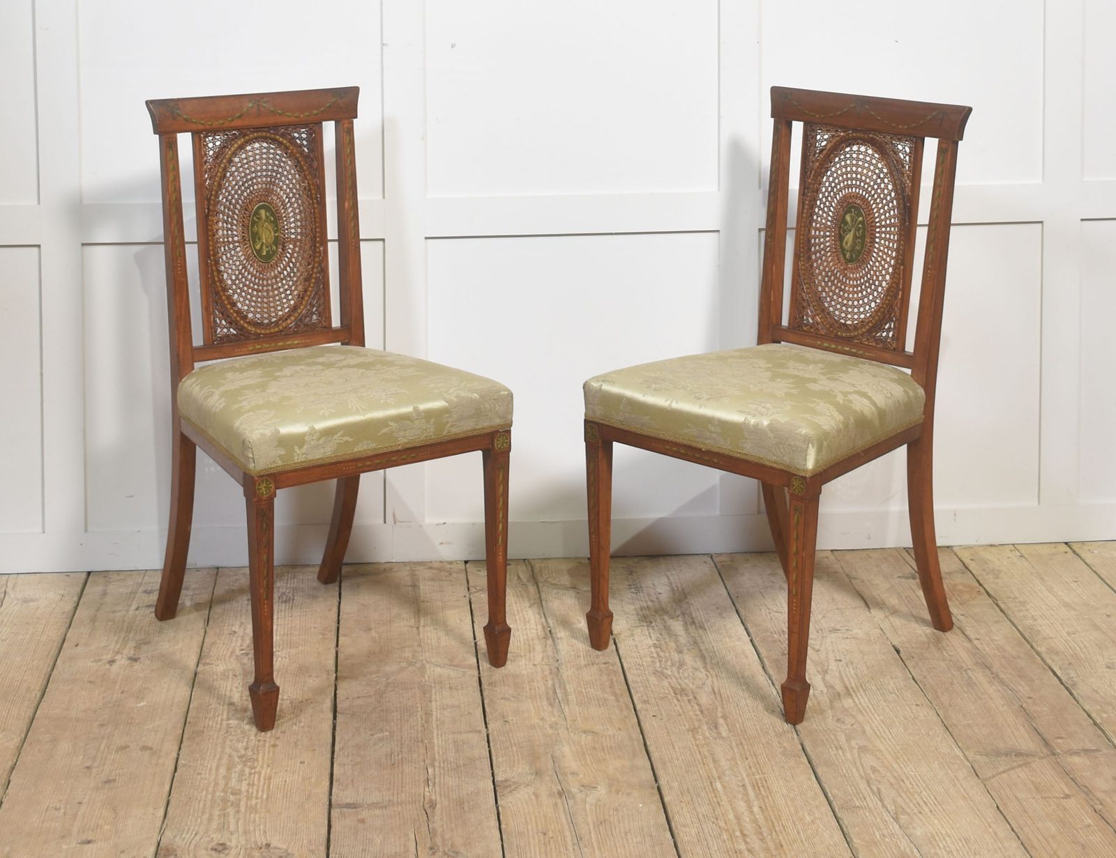 Pair Of Painted Edwardian Satinwood Cane Back Side Chairs