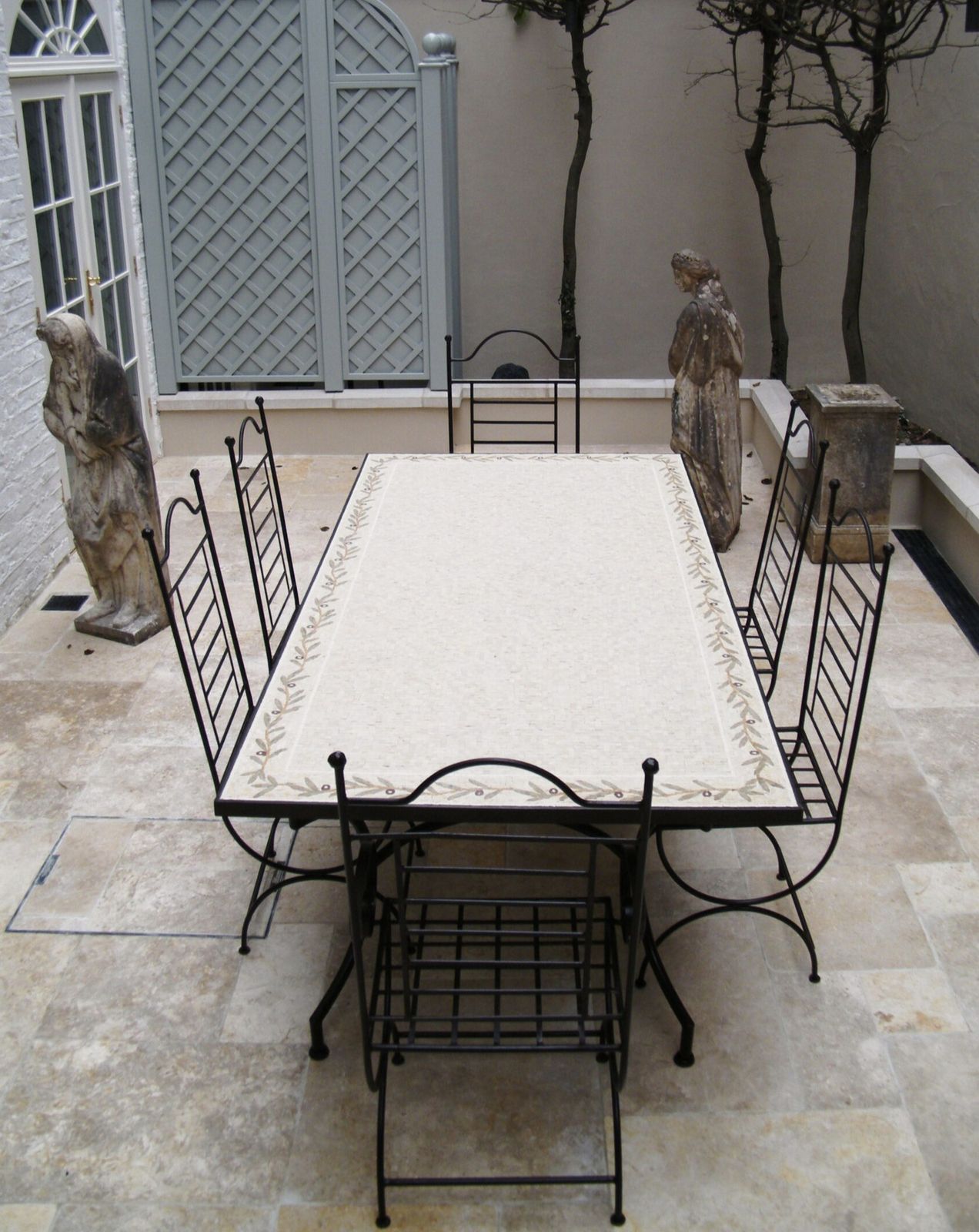 Tavole Calde 200cm Handmade Roman Stone Mosaic Tiled Table   Olive Design   Solid Anda Iron Base, With 2 Products Old Stock Unused & New photo furniture