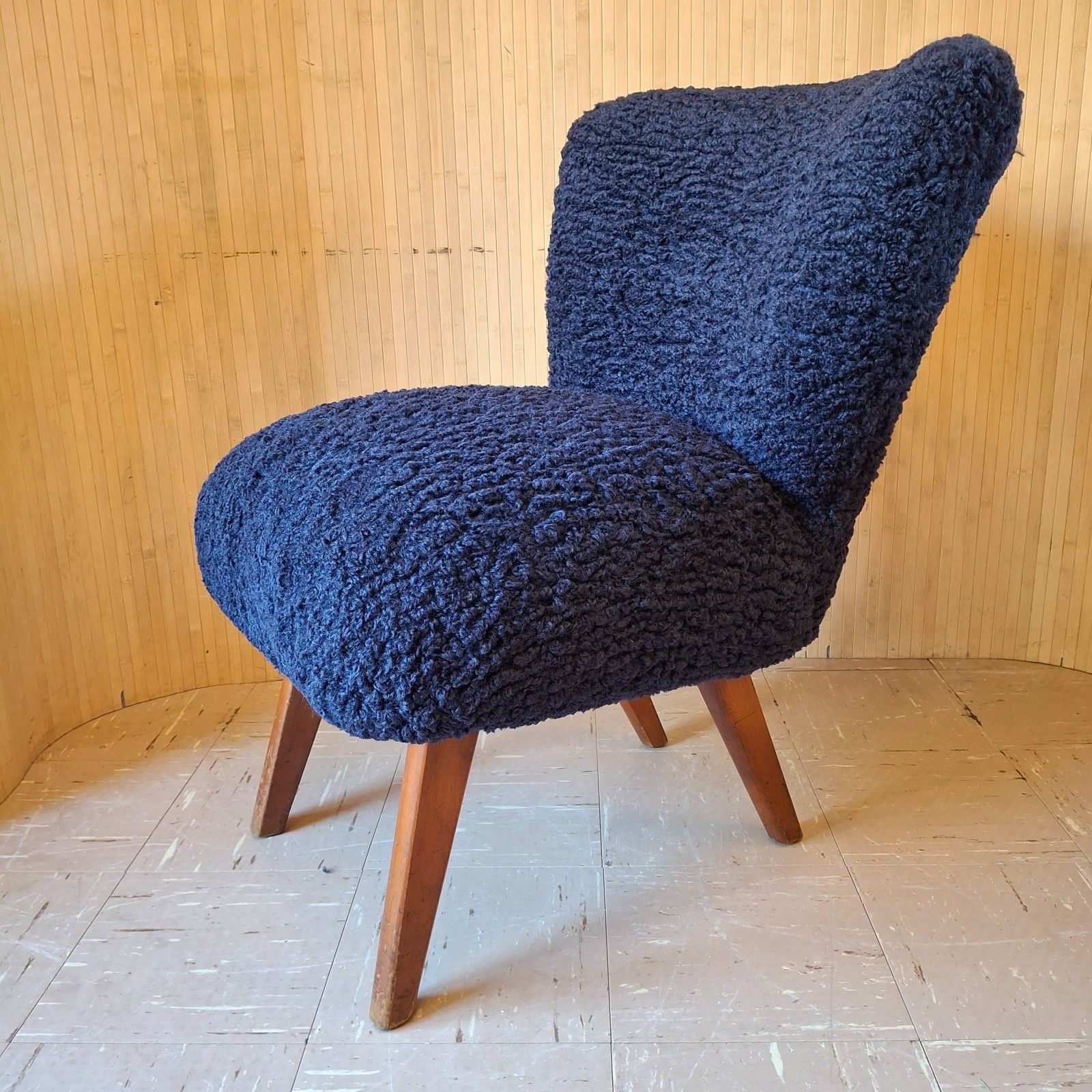 Fab Vintage Mid Century German Bartholomew Cocktail Chair Navy Ink Blue Faux Fur