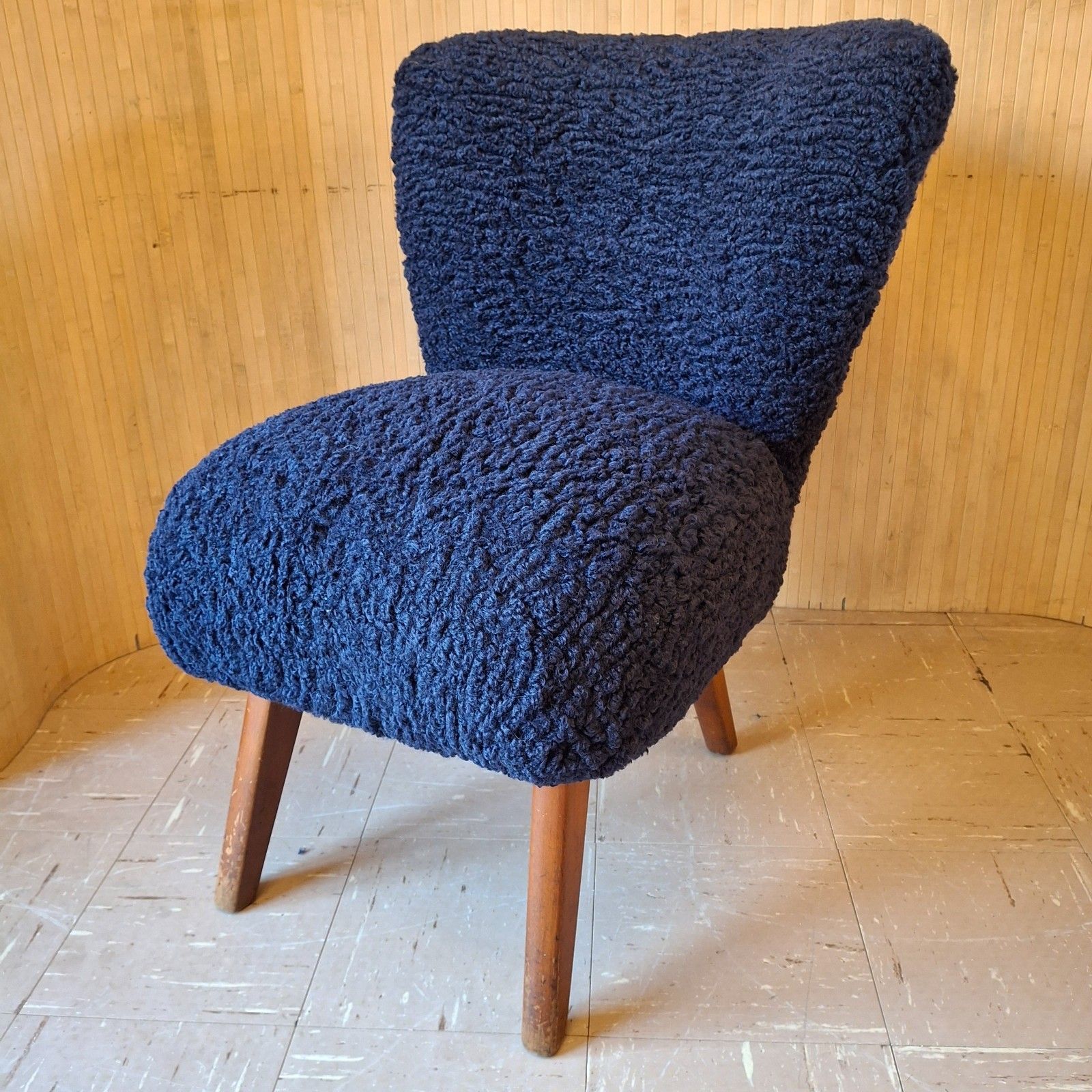 Fab Vintage Mid Century German Bartholomew Cocktail Chair Navy Ink Blue Faux Fur photo buy