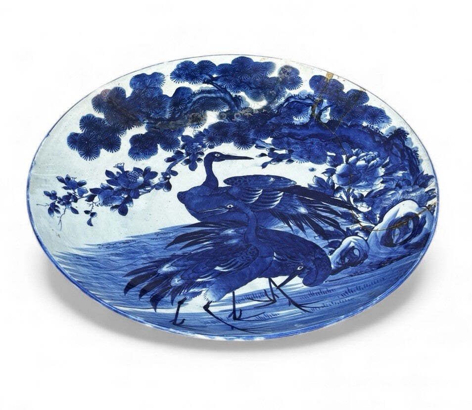 Very Large Antique Japanese Imari Blue And White Hand Painted Charger Plate