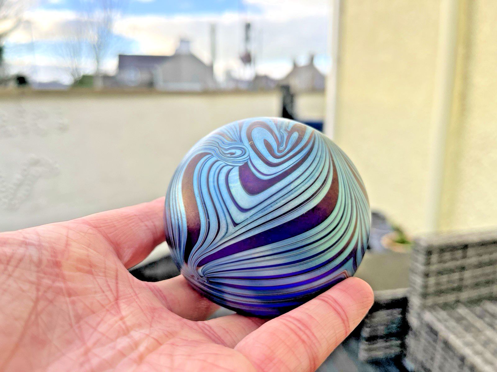 photo for sale C1988 Iridescent Okra Heart Swirl Studio Glass Feathered Paperweight R Golding