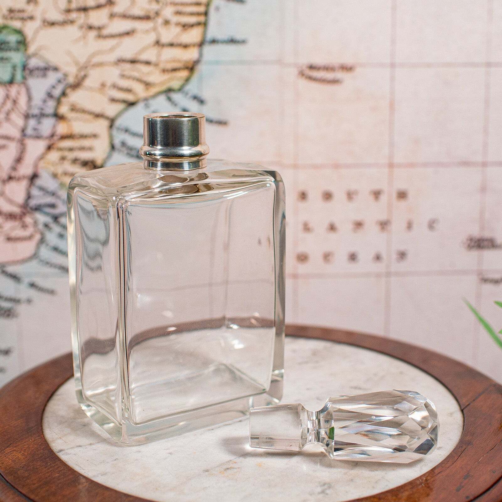 Antique Whiskey Decanter, English Glass Scotch Bottle, Silver Collar, Hallmarked photo furniture