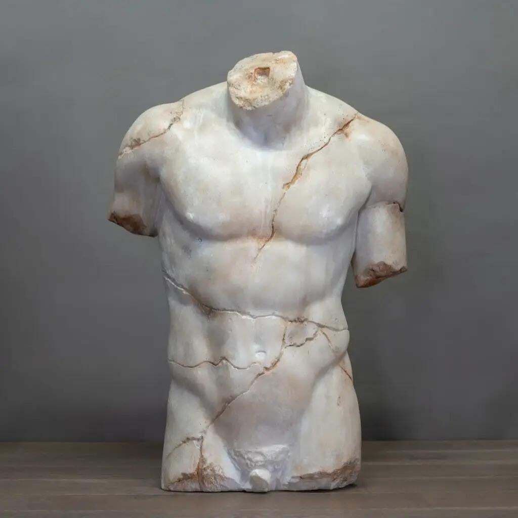 Greek Torso Sculpture In Resin, Marble Finish, Antique Greek Style photo furniture