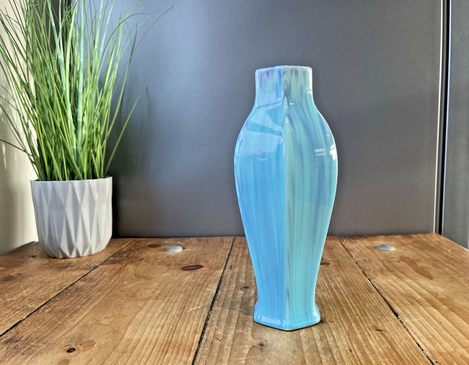 Rare Antique Art Deco James Plant & Son Mottled Turquoise Blue Drip Glaze Vase photo furniture