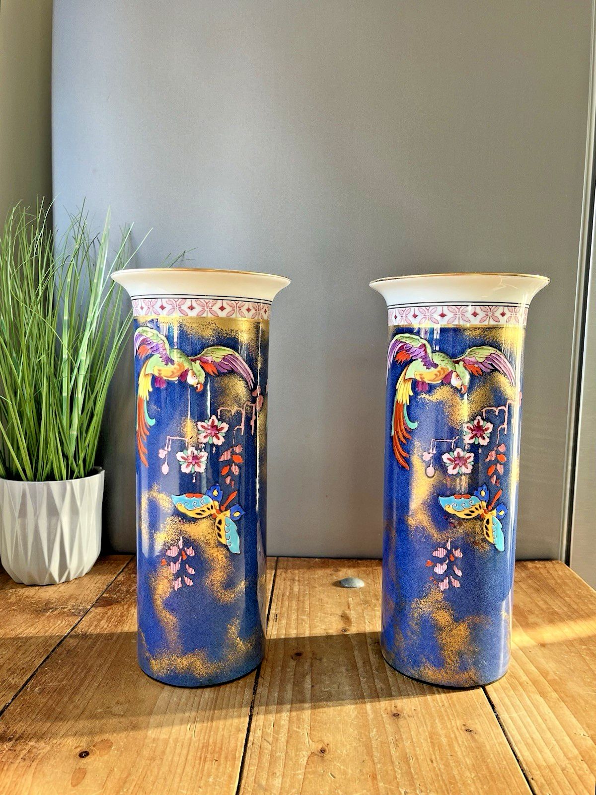 Superb Pair Of Art Deco Falcon Ware Parrot Butterfly Mantel Vases Carlton Style photo furniture