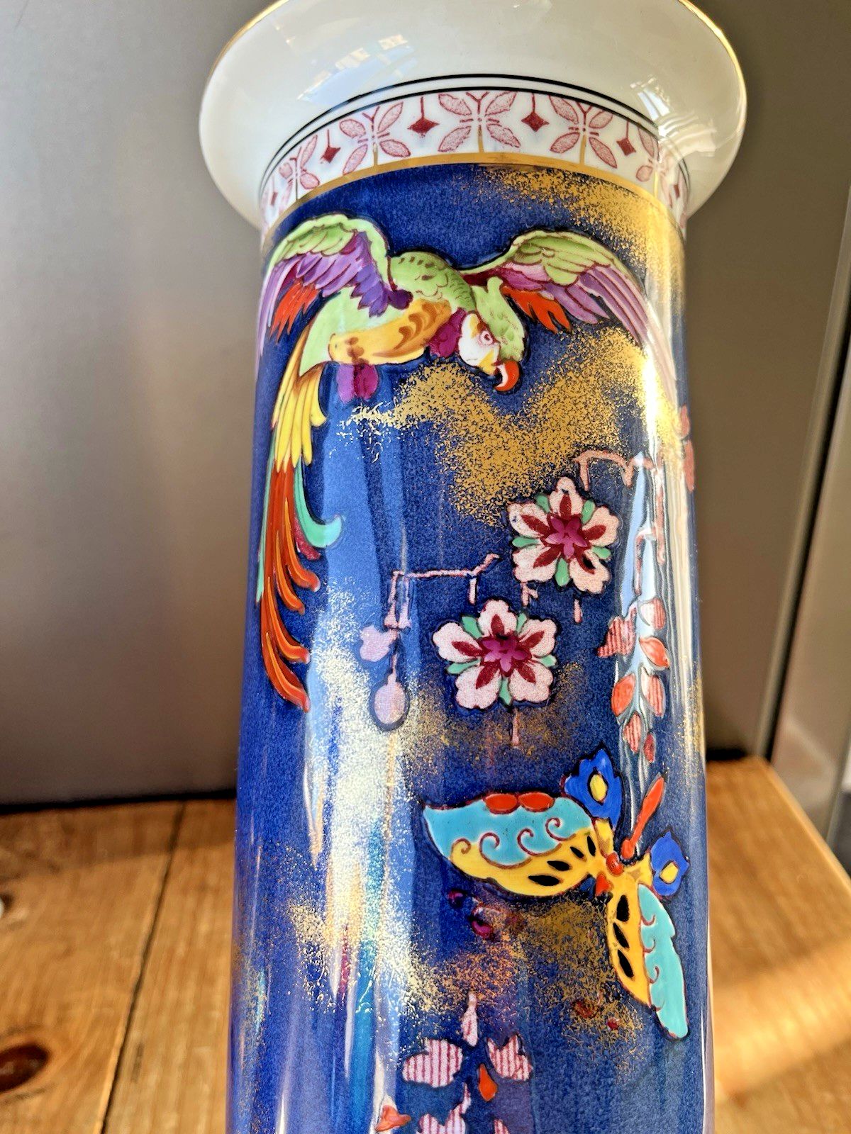 Superb Pair Of Art Deco Falcon Ware Parrot Butterfly Mantel Vases Carlton Style photo 220.0