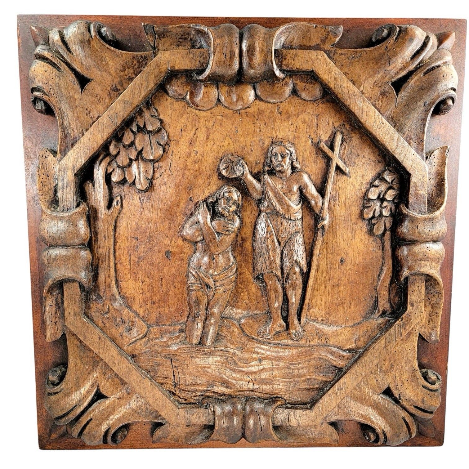 Huge 17th C French Baroque Carved Walnut Panel Baptism Of Christ Louis XIII Art