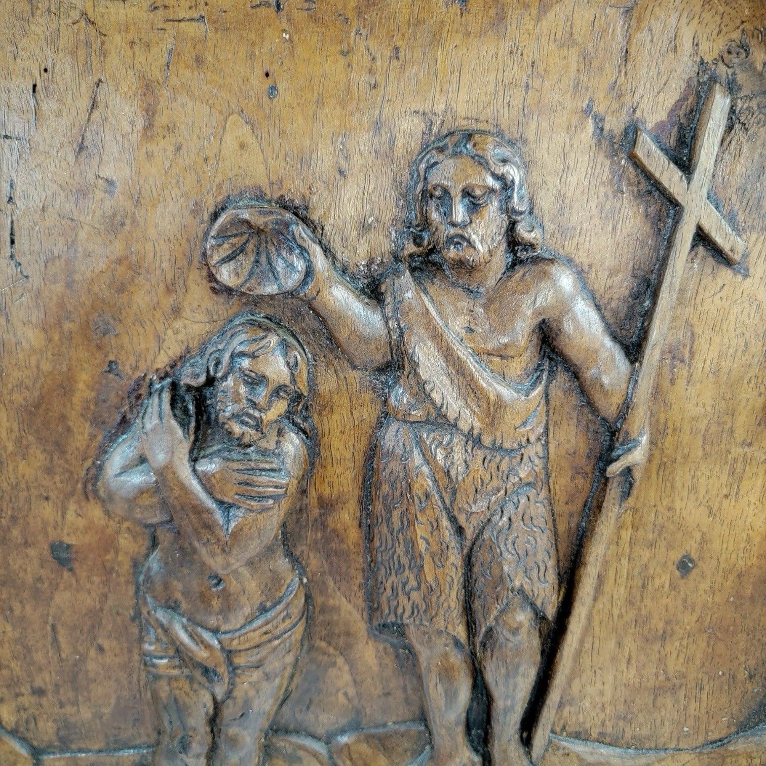 Huge 17th C French Baroque Carved Walnut Panel Baptism Of Christ Louis XIII Art photo Art