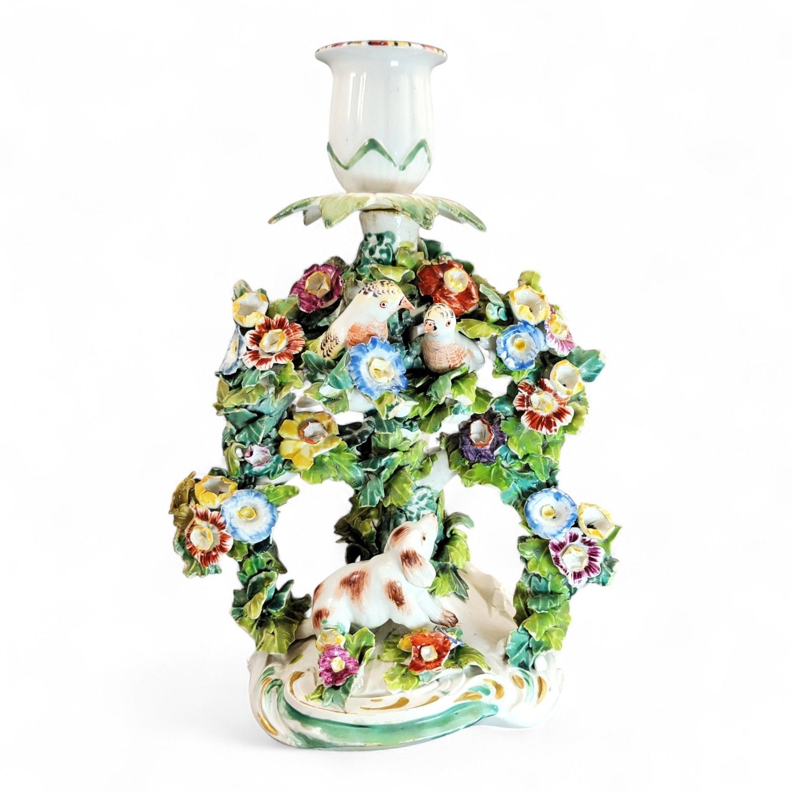 Georgian Derby Porcelain “Fable” Candlestick C.1760, Dog & Birds, Rococo Base