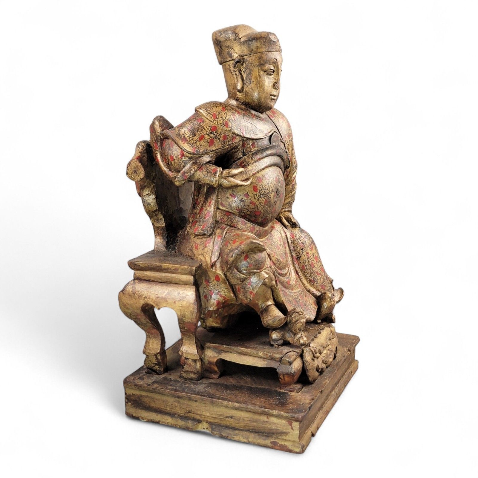 Early Chinese, Gilt, Painted Wood, Temple Figure, Civil Official, C.1650 photo vintage
